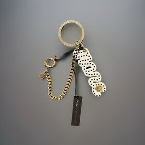 NEW Marc Jacobs Signature Keychain Cream Black Crystals Key Ring + Chain Charm